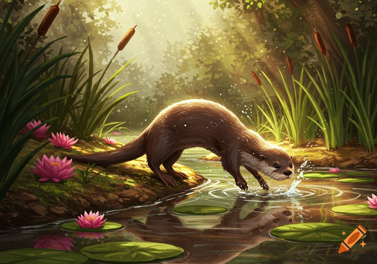 A vibrant illustration of an otter stepping into a sunlit pond with water lilies and cattails.