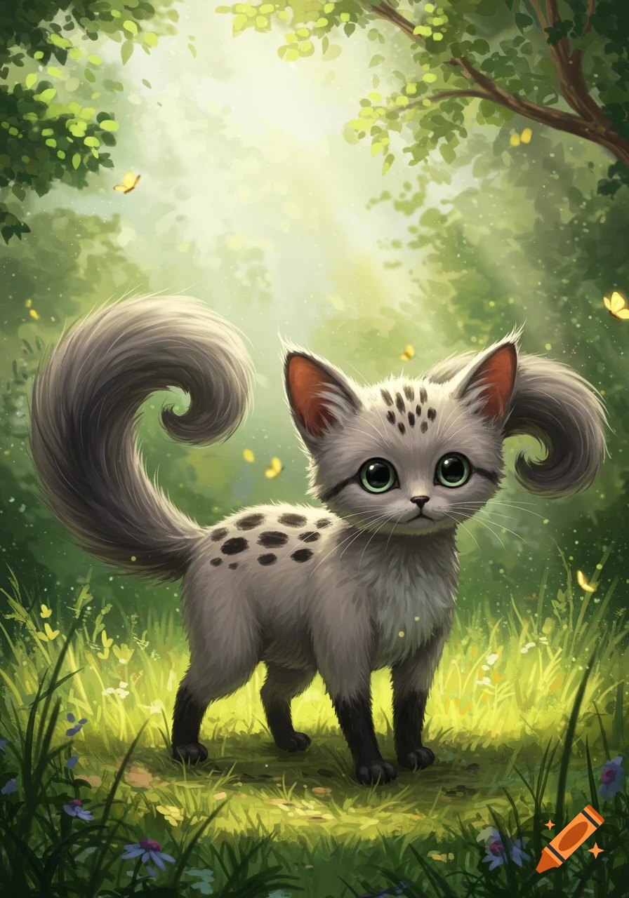 An adorable, stylized grey kitten with green eyes and black spots stands in a bright, lush green forest with butterflies.