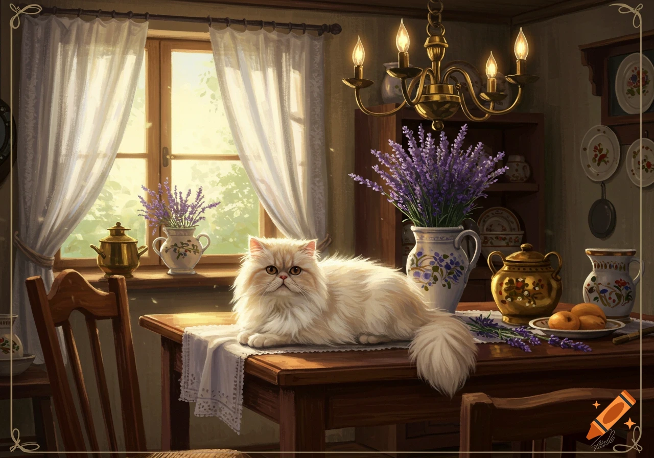 A fluffy white Persian cat lies on a wooden table in a sunlit room with lavender flowers, in a painted style.