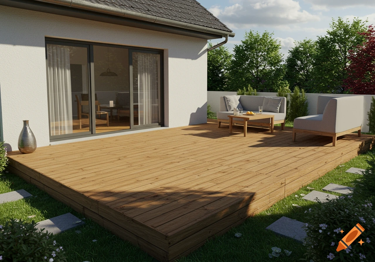 Photorealistic 3D rendering of a modern wooden terrace with a sofa, armchair, and coffee table next to a white house with a garden.