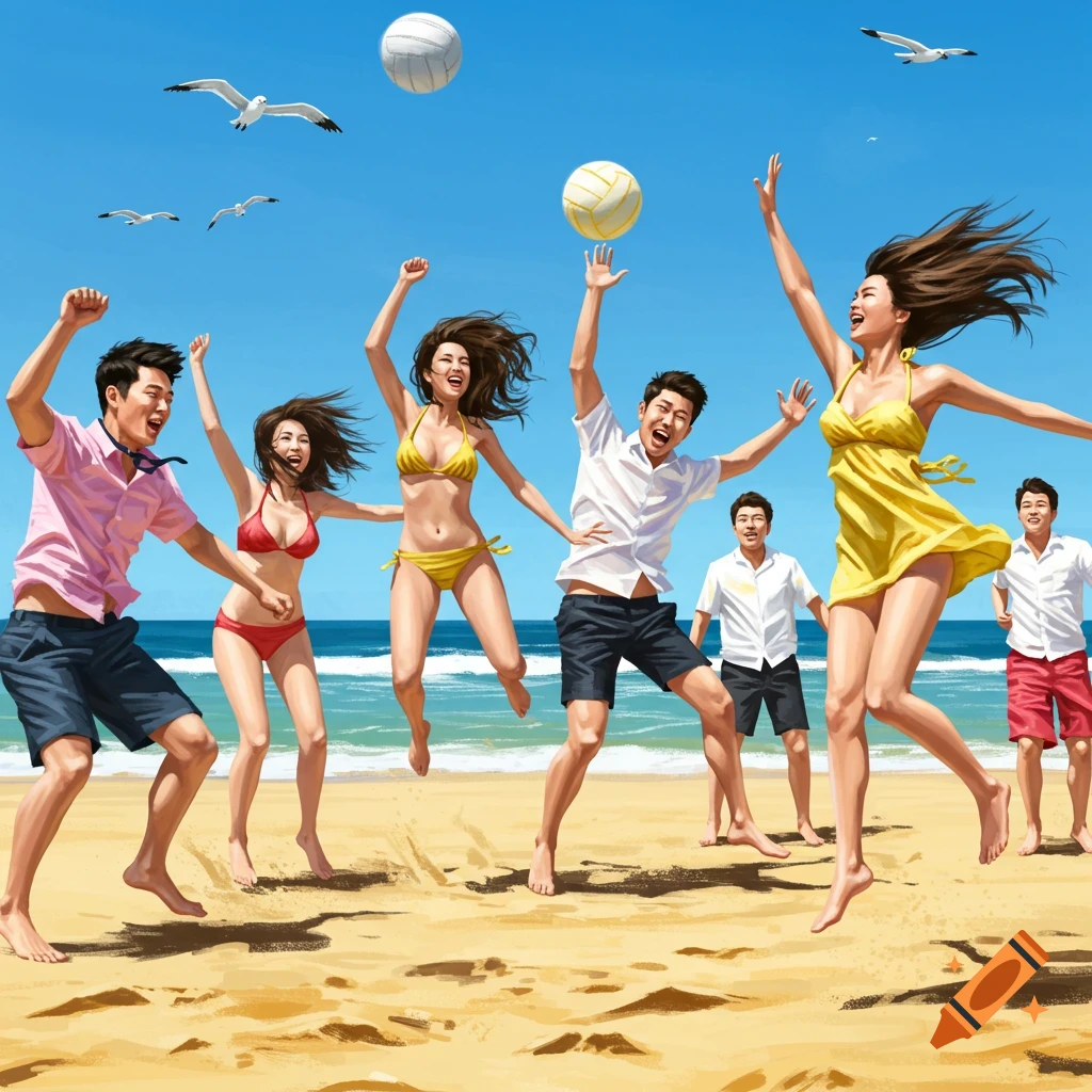 Illustrated group of people jumping and playing beach volleyball on a sunny sandy beach with the ocean behind them.