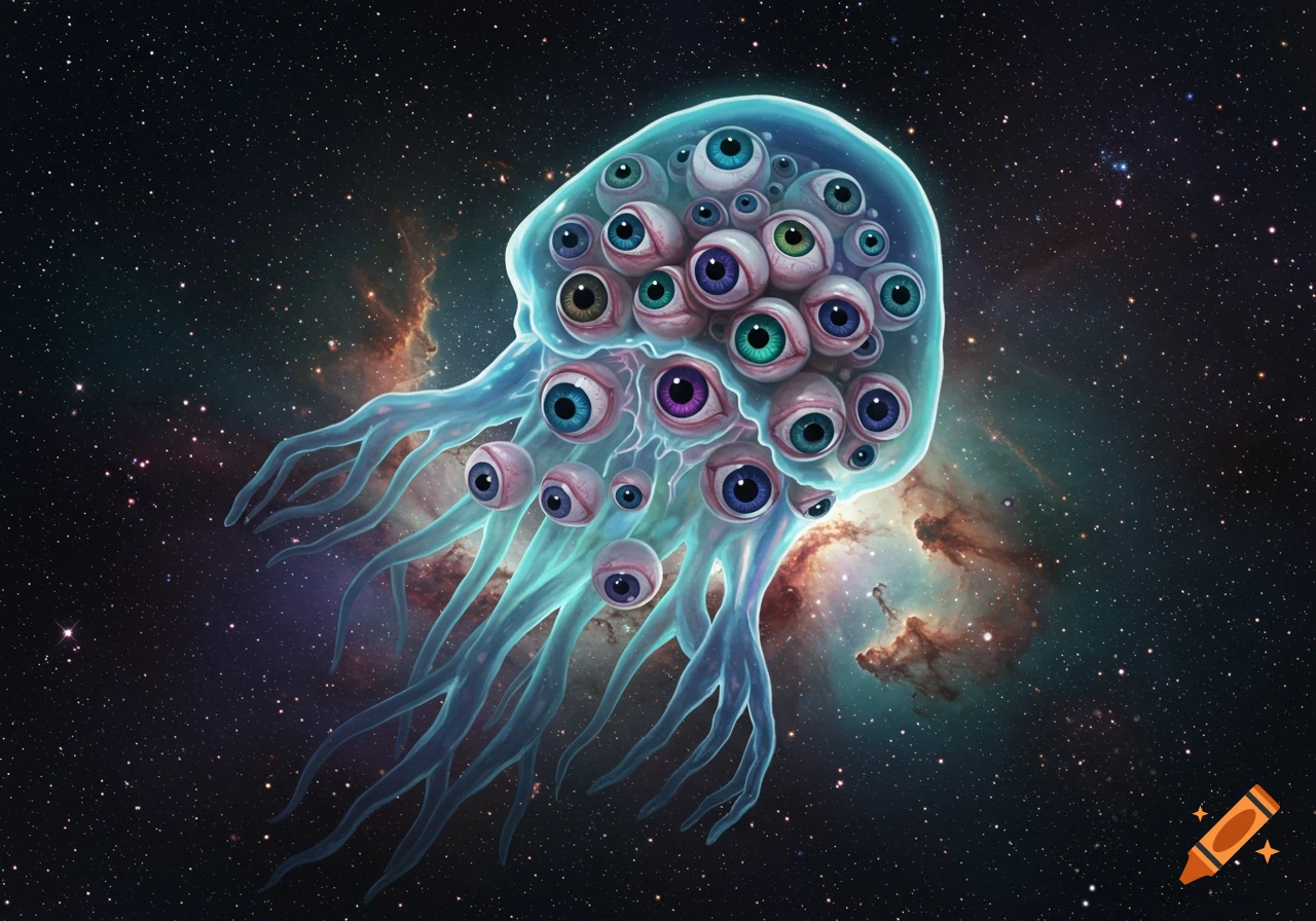 A translucent, blue jellyfish-like space creature covered in many eyeballs, floats against a starry nebula background.
