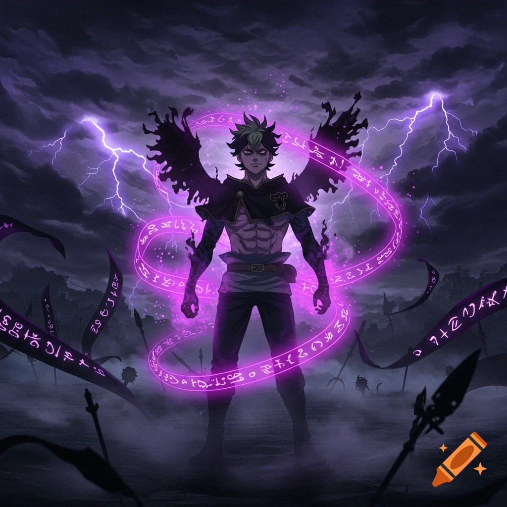 Anime character with dark wings and purple glowing aura stands in a stormy, dark landscape with lightning and magical runes.