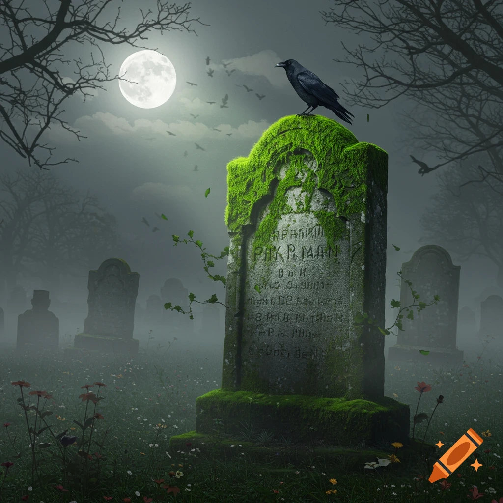 A moody, misty graveyard at night, with a crow perched atop a moss-covered gravestone under a bright full moon.