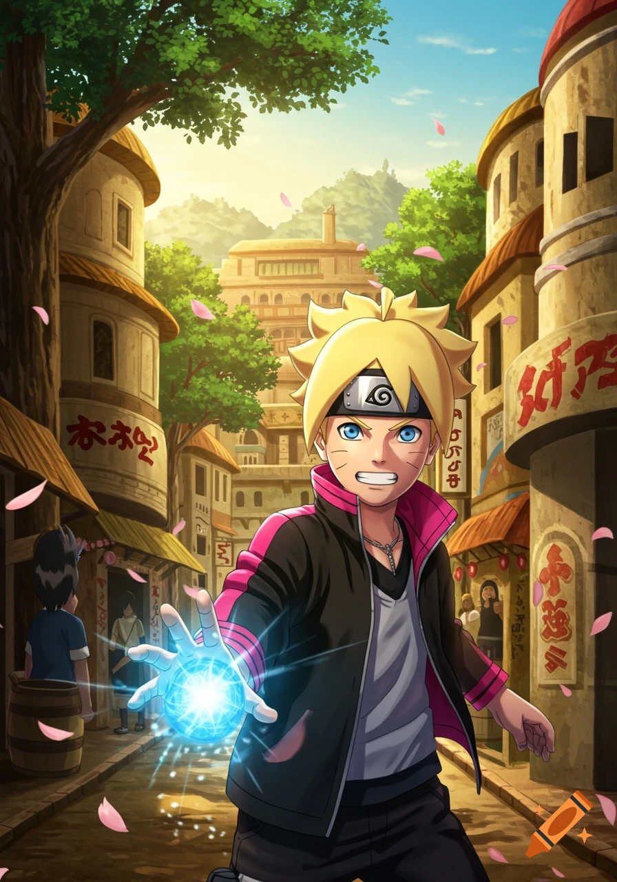 Boruto in a vibrant anime village, casting a bright blue energy ball from his hand, with cherry blossoms falling.