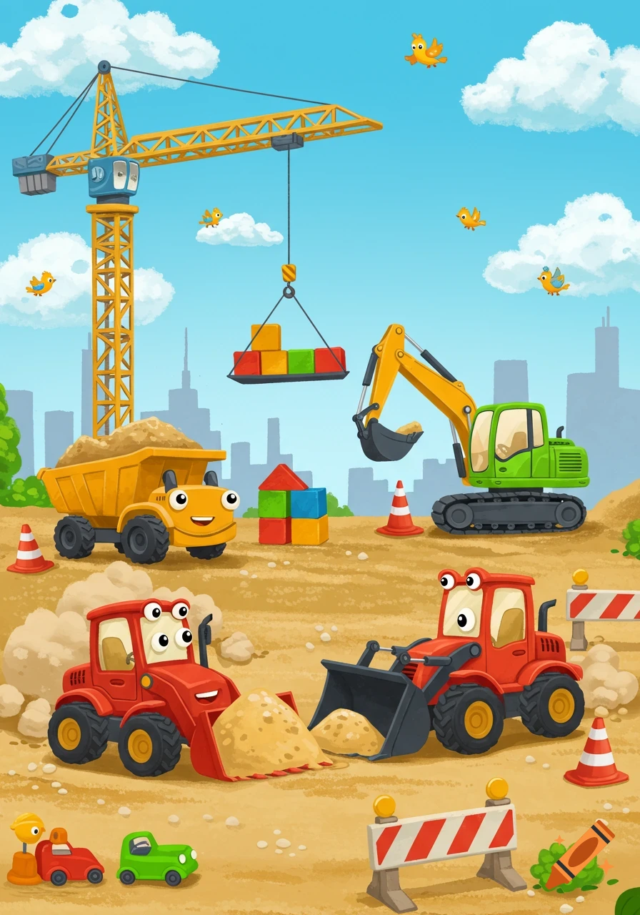 Vibrant, child-friendly cartoon illustration of a bustling construction site with smiling dump trucks, excavators, loaders, and a crane. City skyline in the background.