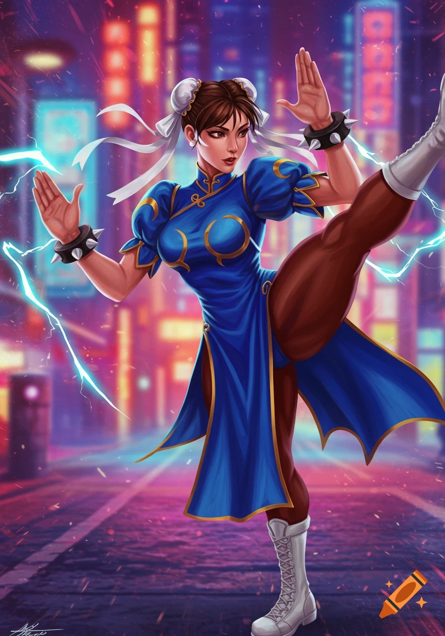Chun-Li in a blue qipao performs a high kick in a vibrant, neon-lit cyberpunk city at night.