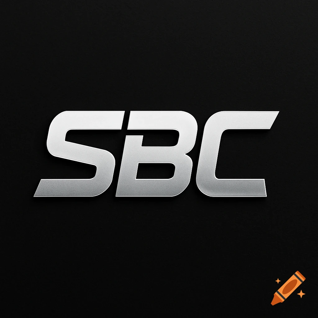 Silver 3D metallic logo with the letters SBC on a black background.