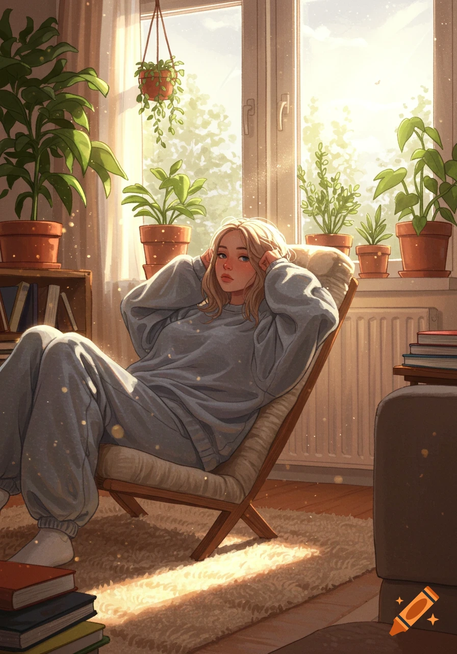 Illustrated woman relaxing in a sunlit room filled with houseplants.