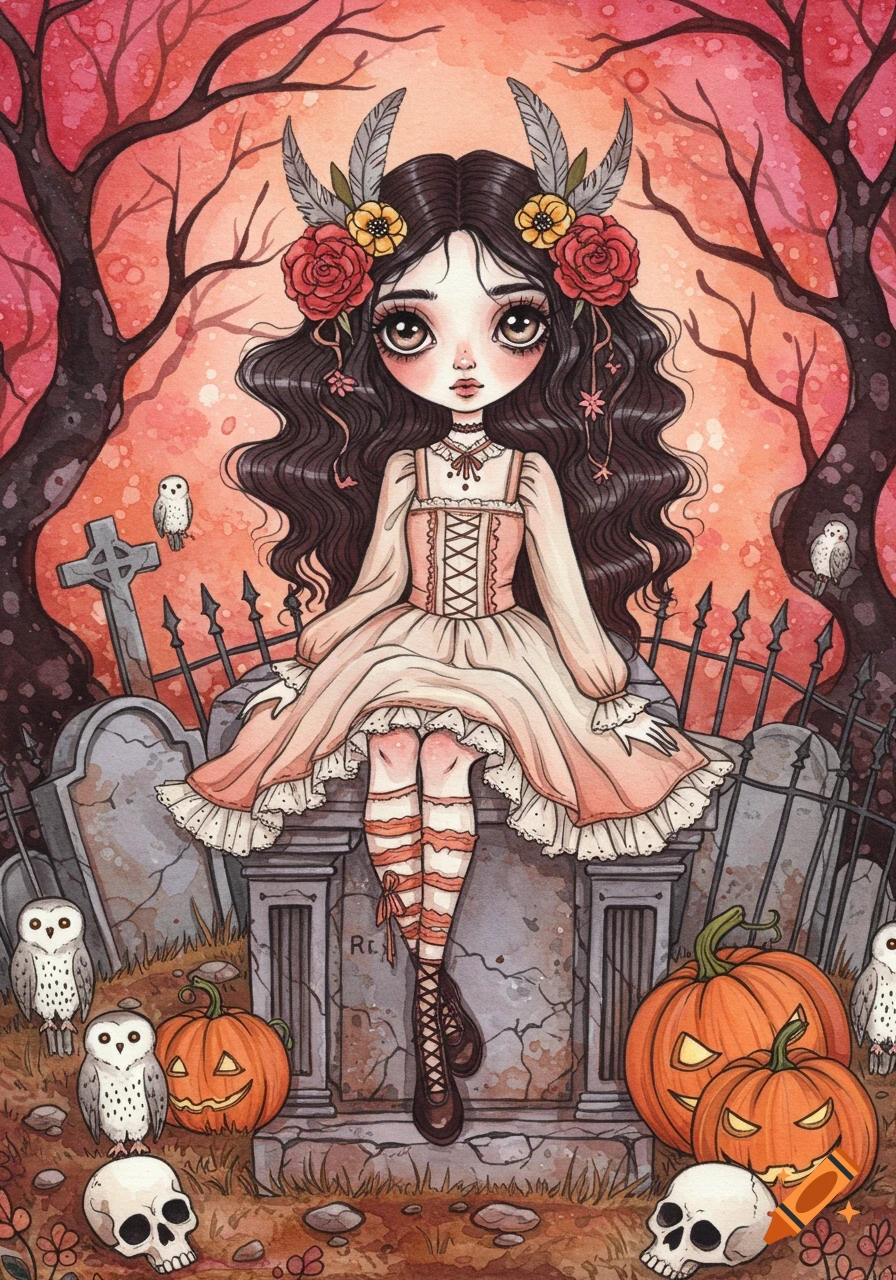 Whimsical gothic art of a dark-haired woman with flowers and feathers in her hair, sitting on a tombstone in a cemetery with owls, pumpkins, and skulls.