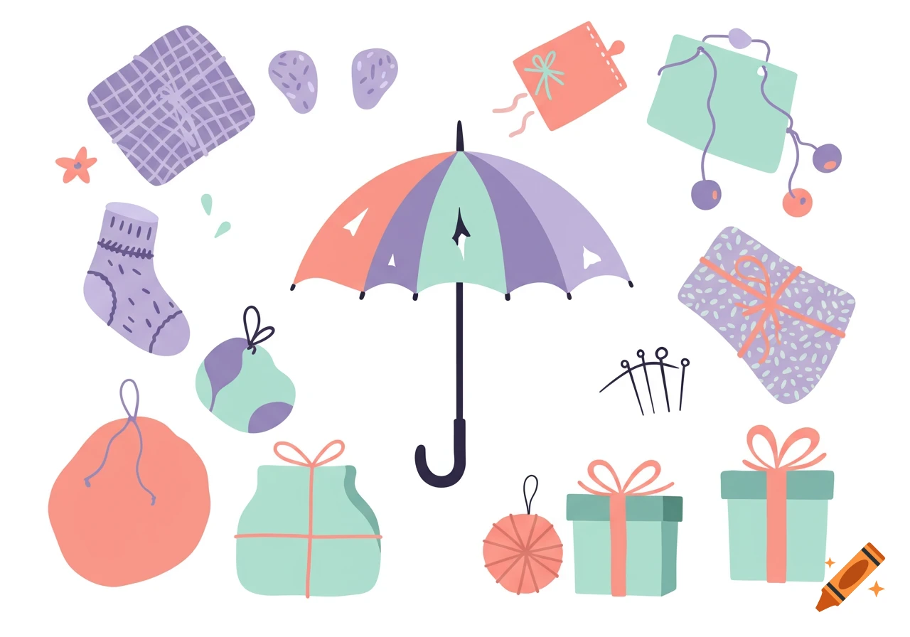 A stylized illustration of a colorful umbrella surrounded by various hand-made gift items in pastel colors.