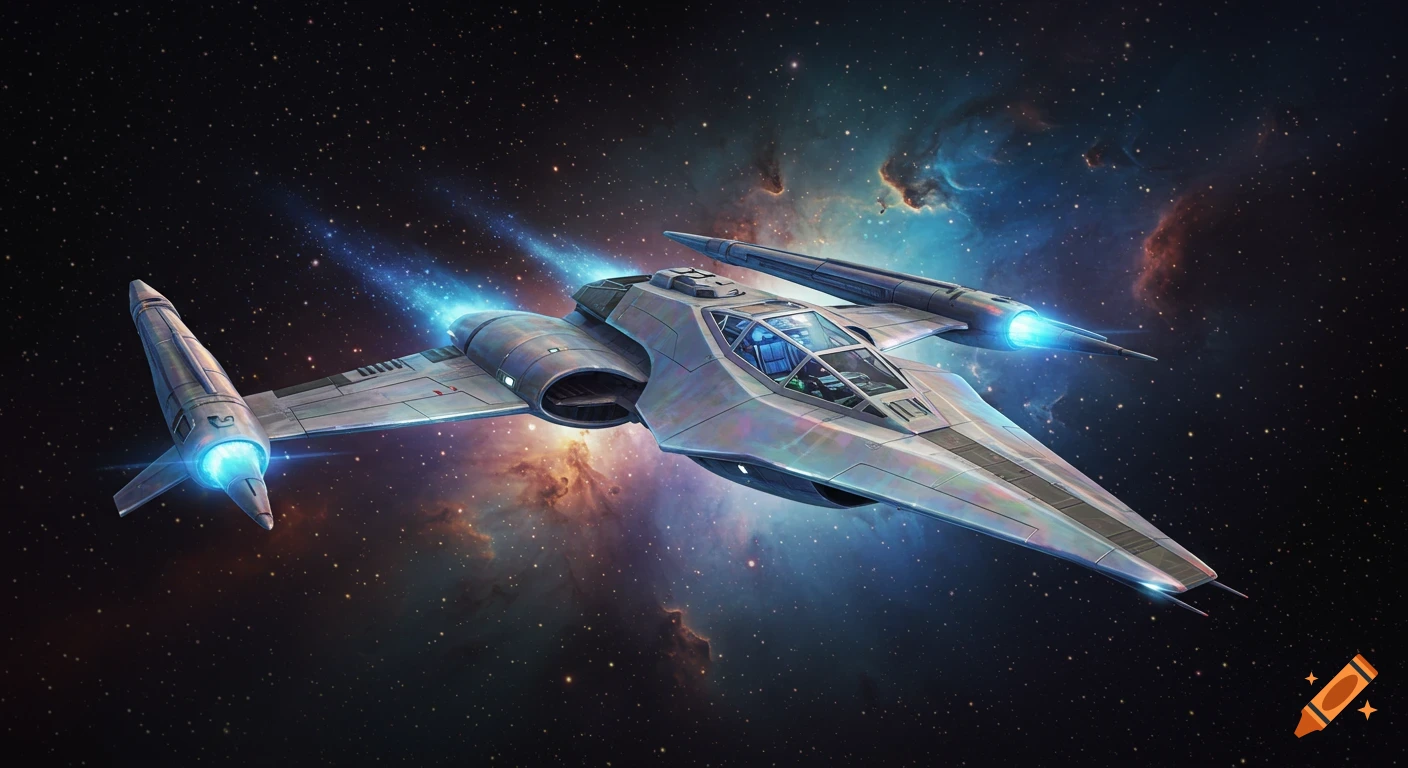 Sleek, futuristic fighter starship flying through a vibrant, nebula-filled cosmos.