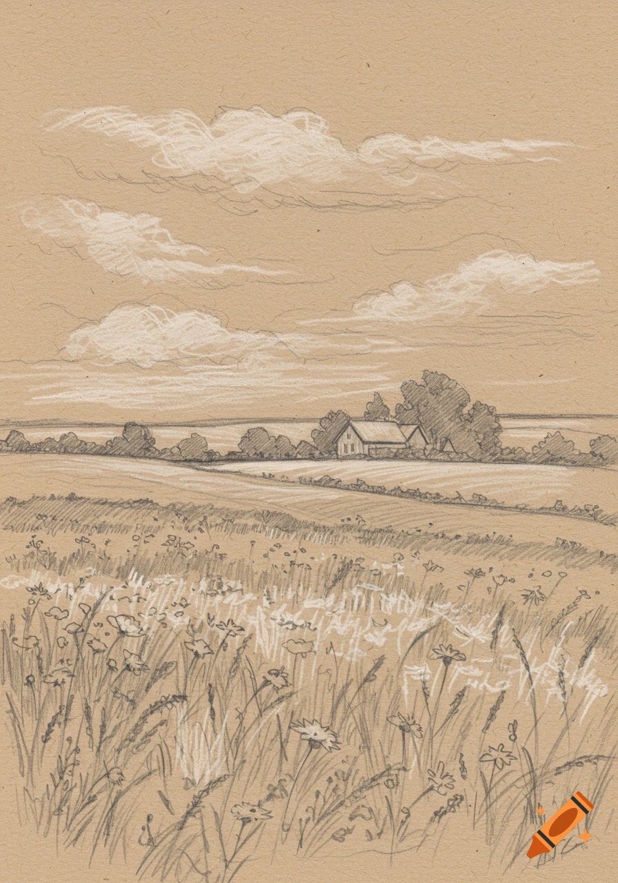 Pencil sketch on kraft paper of a rural landscape with fields, a farmhouse, trees, and clouds.