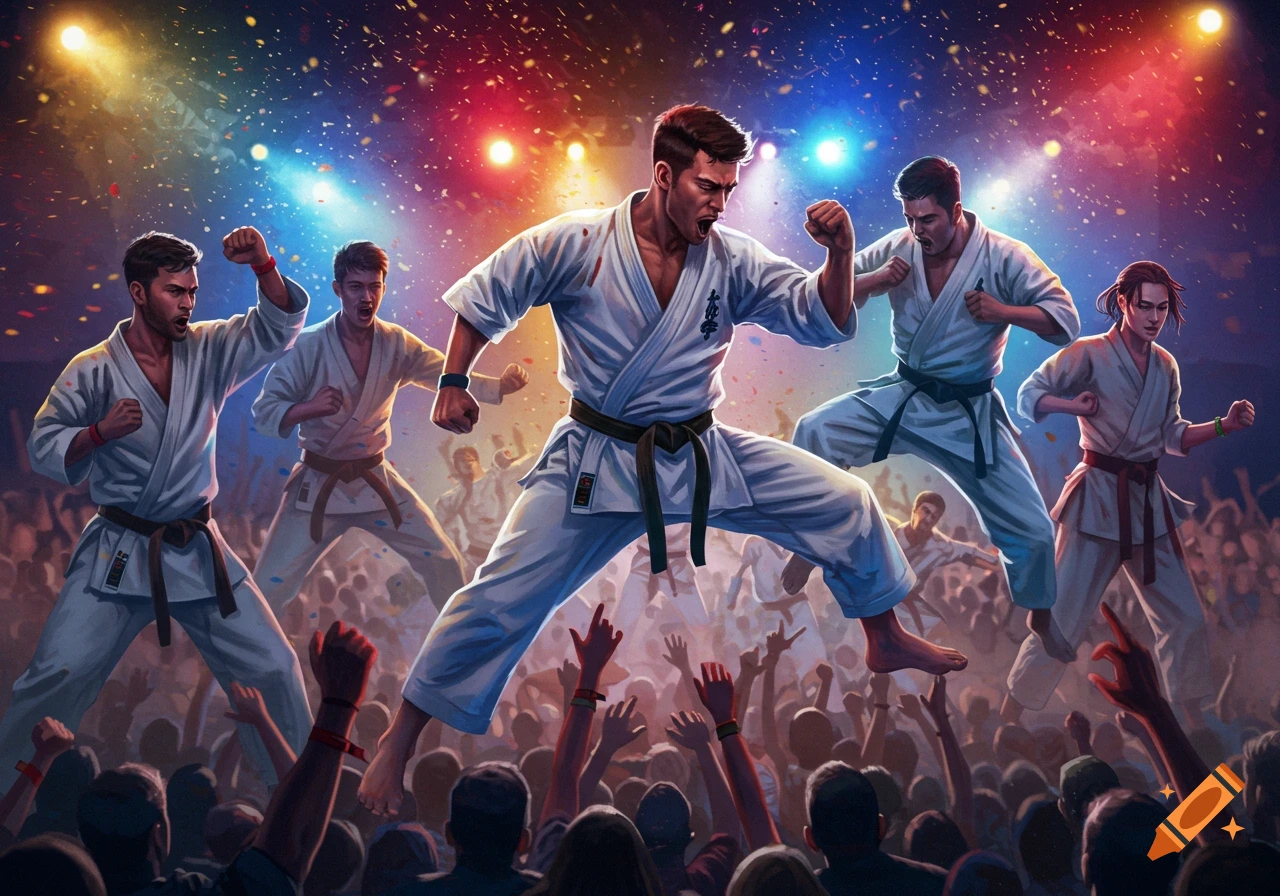 Dynamic illustration of several martial artists in white gis striking poses above a cheering crowd under bright stage lights with confetti.