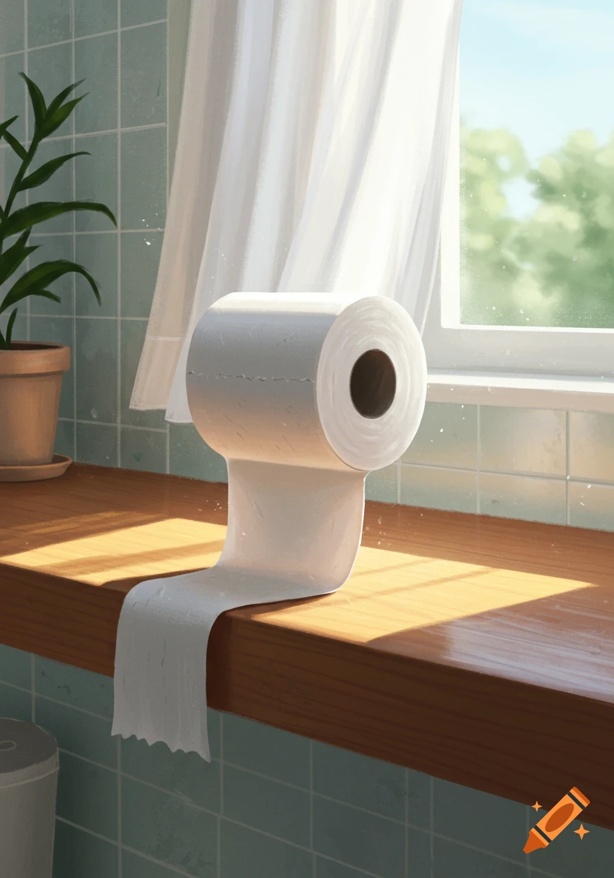 An illustrated close-up of a roll of toilet paper on a sunlit wooden shelf in a bathroom with a plant and window.