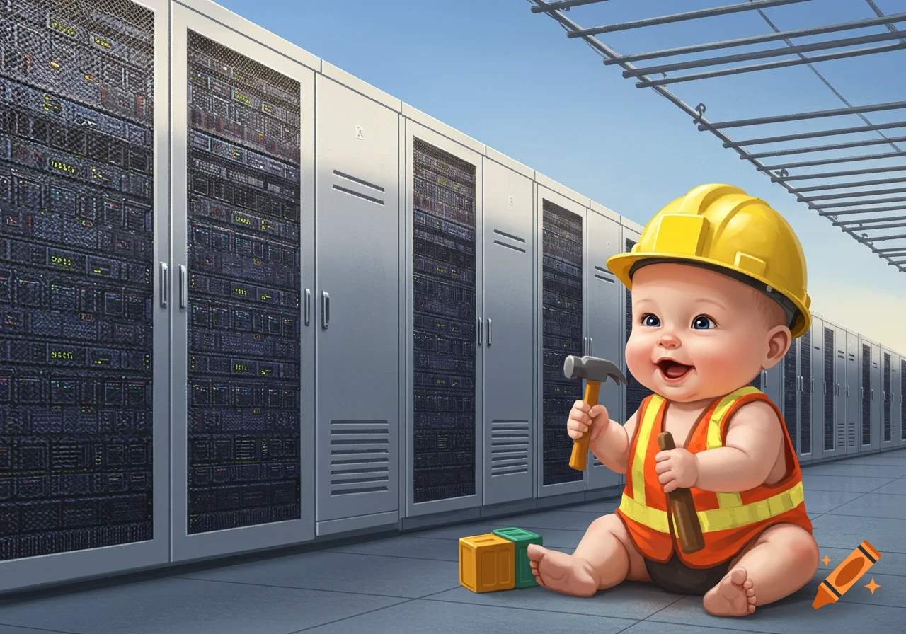 Cute cartoon baby in a yellow hard hat and safety vest holds a hammer, sitting in a data center.