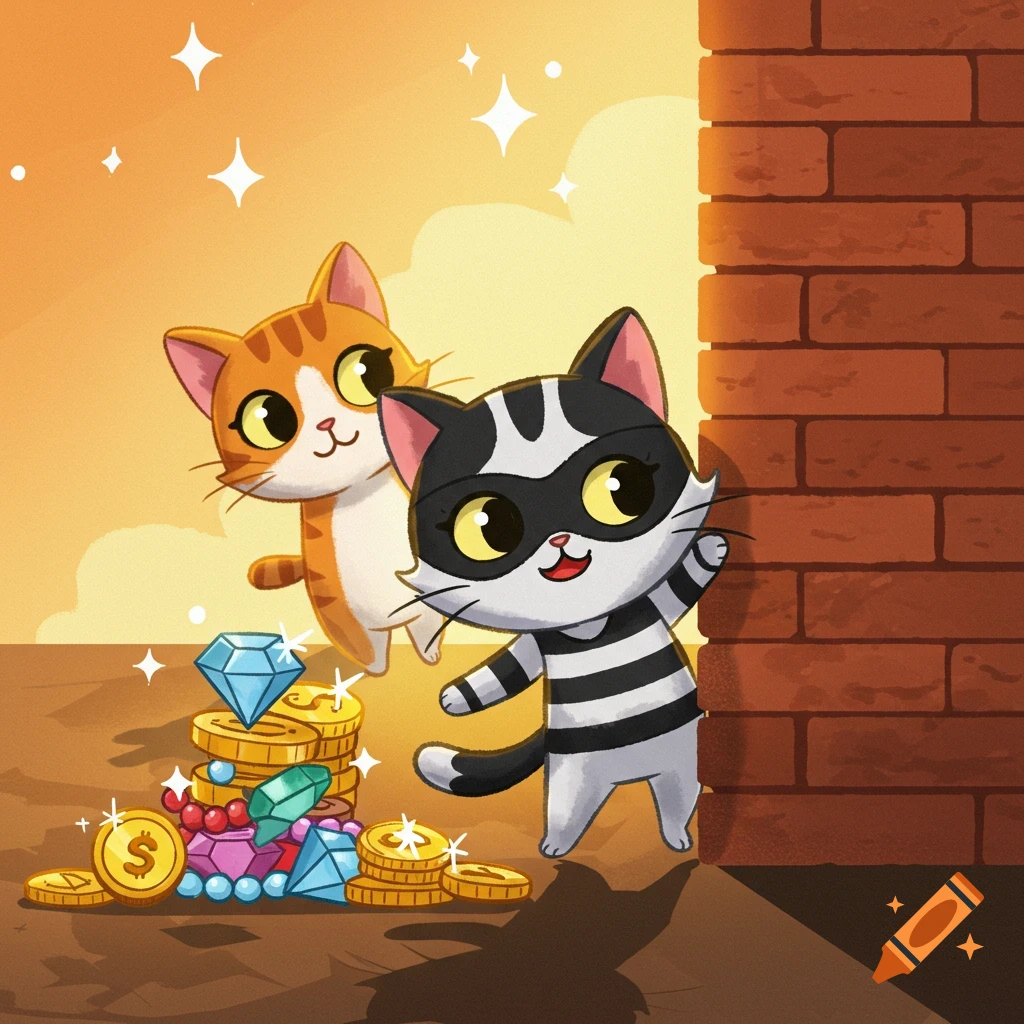 A cartoon black and white cat in a robber mask and striped shirt waves, while an orange cat peeks from behind a brick wall next to a pile of gold coins and jewels.