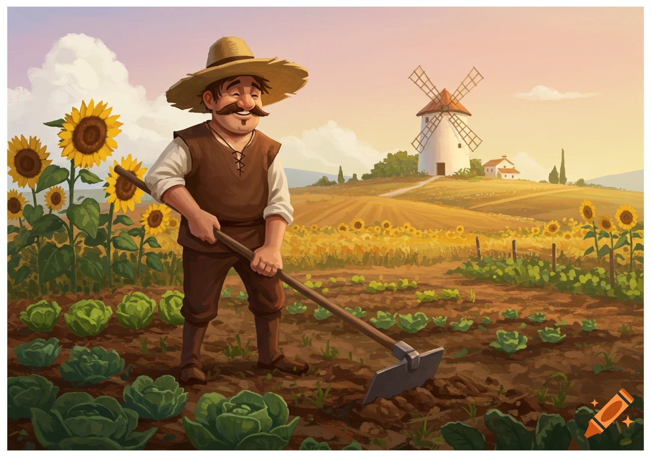 Cartoon illustration of a smiling farmer in a straw hat hoeing a field of cabbage, with sunflowers and a windmill in the background.