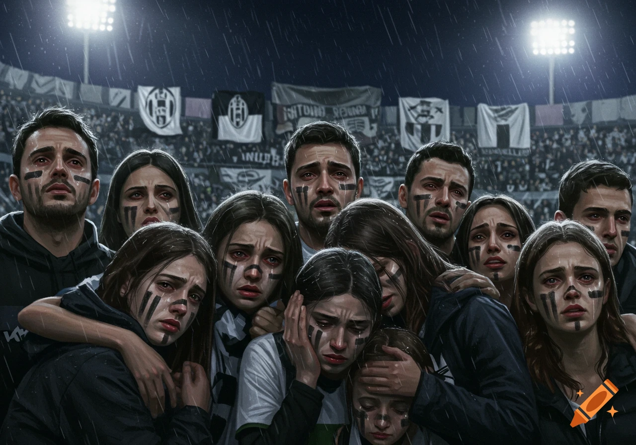 A group of somber football fans with face paint cry in the rain at a stadium, lights shining.