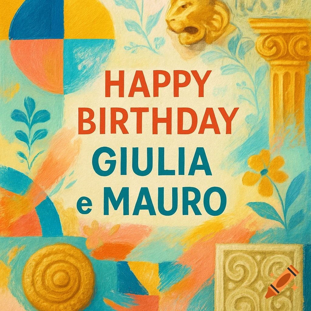 A colorful, abstract birthday greeting card with 'HAPPY BIRTHDAY GIULIA e MAURO' in the center, surrounded by artistic motifs.