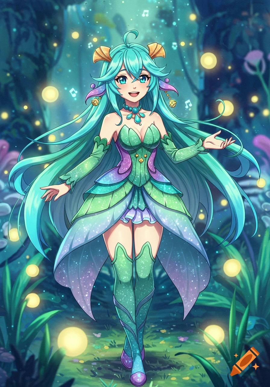 Anime woman with teal hair and shell horns, in a green fairy dress, sings in a glowing magical forest.