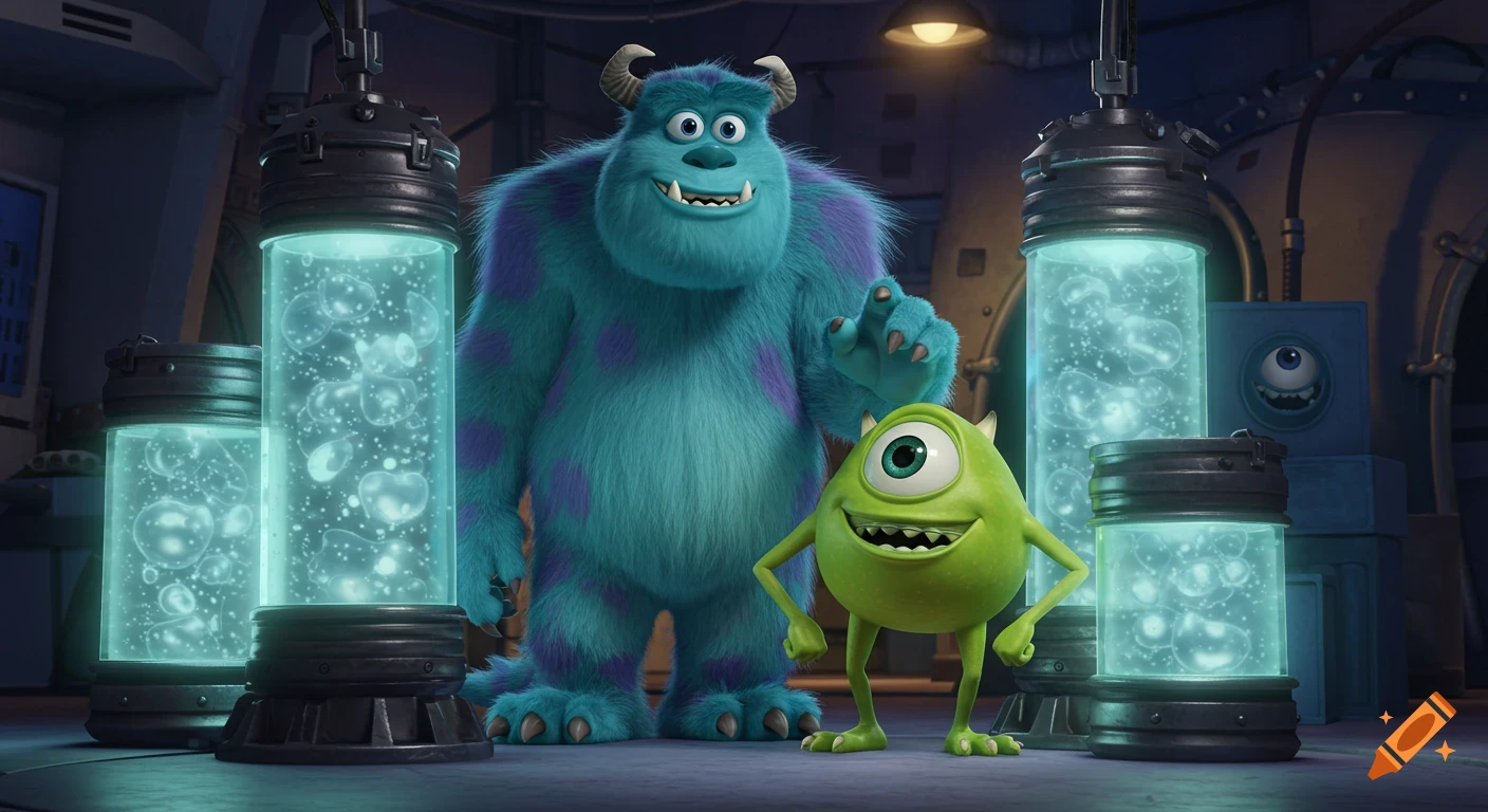 Sully, a large blue monster, and Mike Wazowski, a small green monster, smile next to glowing scream canisters in the Monsters Inc. factory.