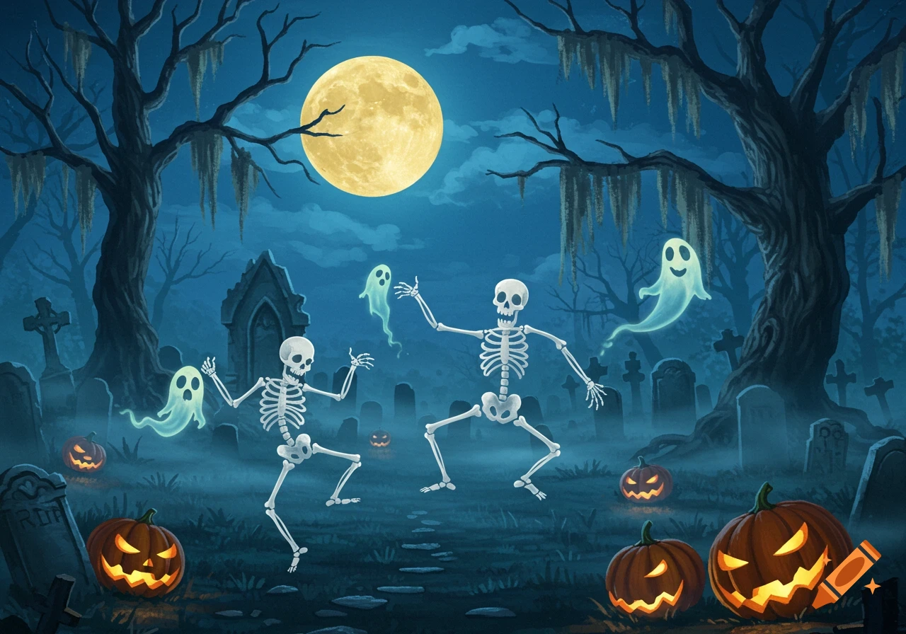 Two dancing skeletons and smiling ghosts in a misty graveyard with jack-o'-lanterns under a full moon, illustration.