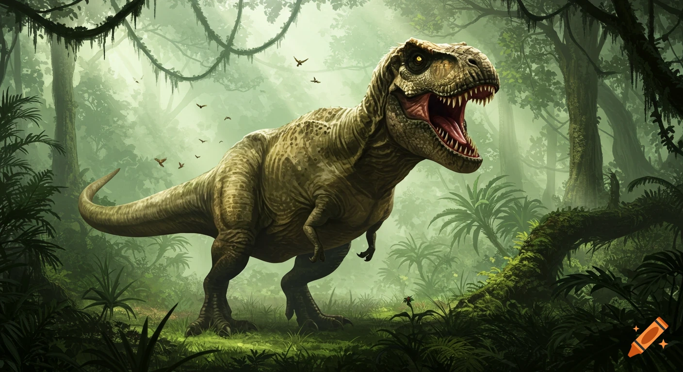 An epic T-Rex with its mouth open, roaring in a dense, misty prehistoric jungle with cinematic lighting.