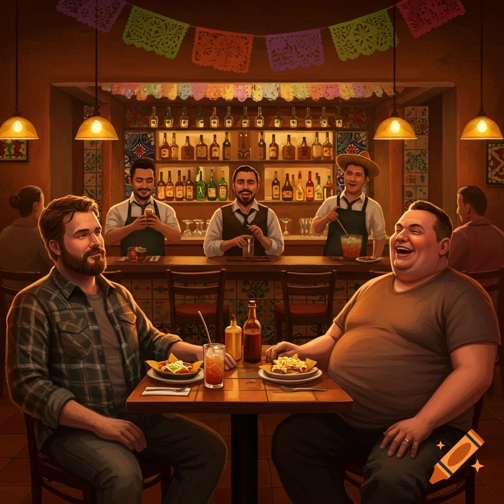 Two men in a realistic Mexican bar sit at a table with nachos and drinks, watching bartenders.