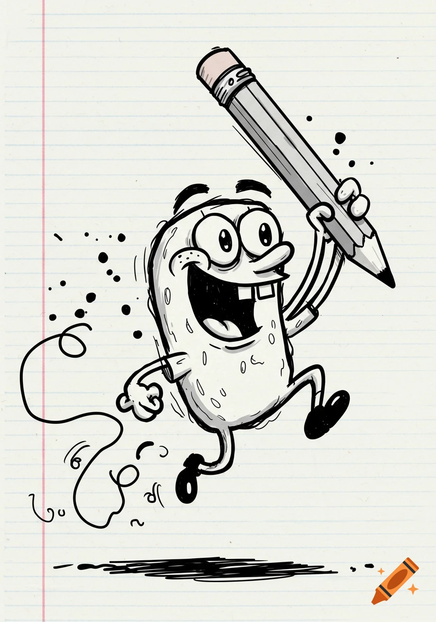 A grinning doodle character, resembling a bean, holds a pencil while jumping on lined paper in a cartoon sketch style.