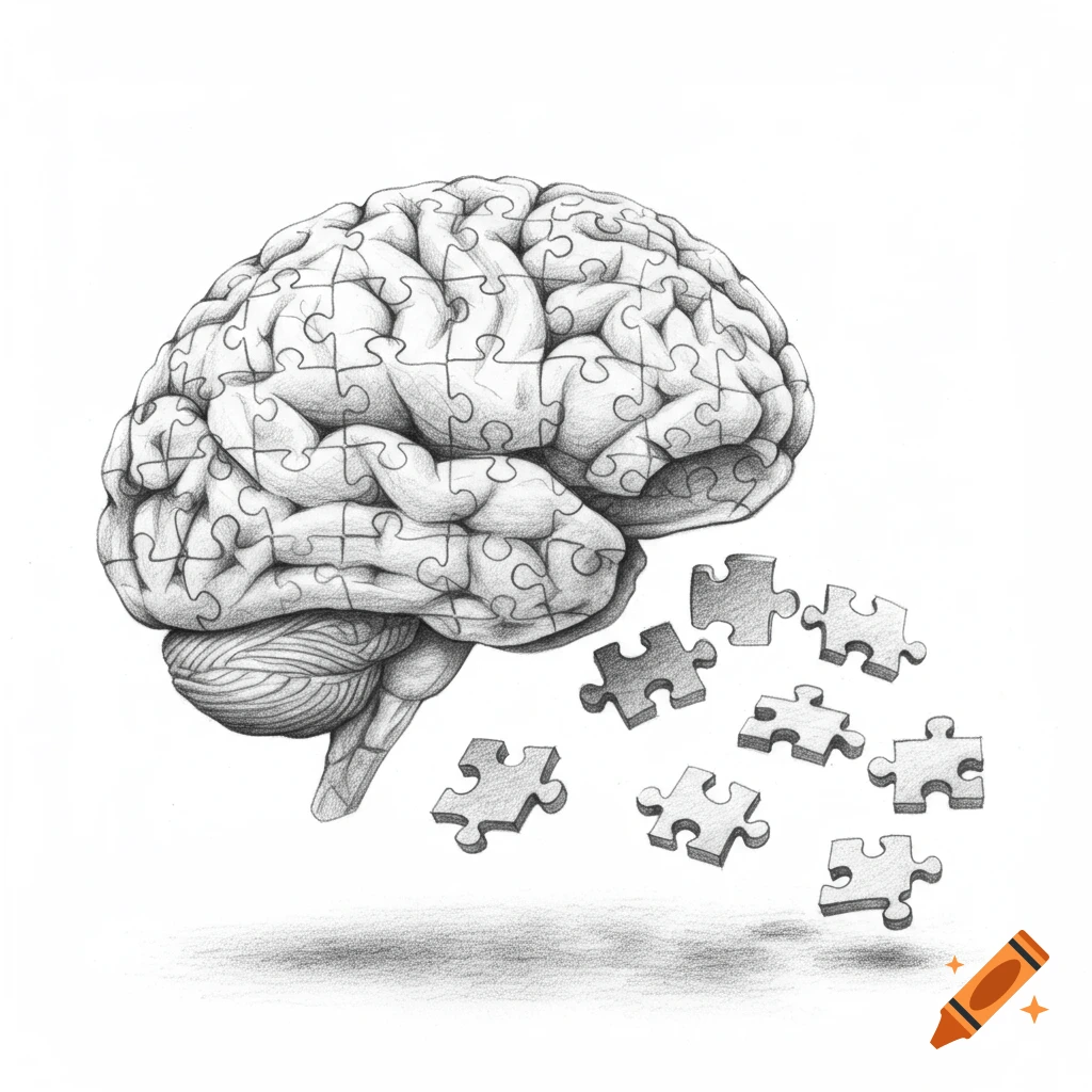 Pencil sketch of a human brain made of jigsaw puzzle pieces, with some pieces detaching and falling away.