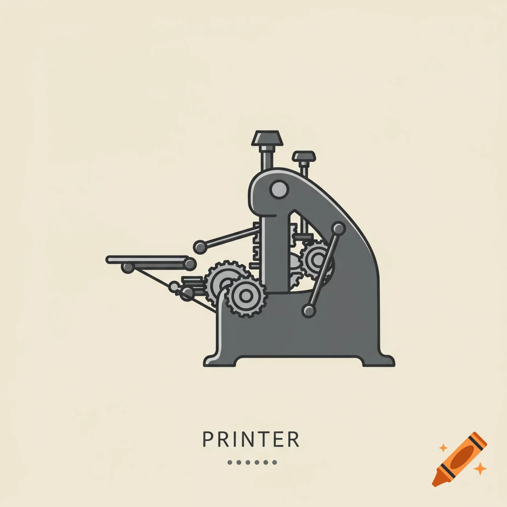 Minimalist illustration of a vintage printing press with gears and levers on a light background.