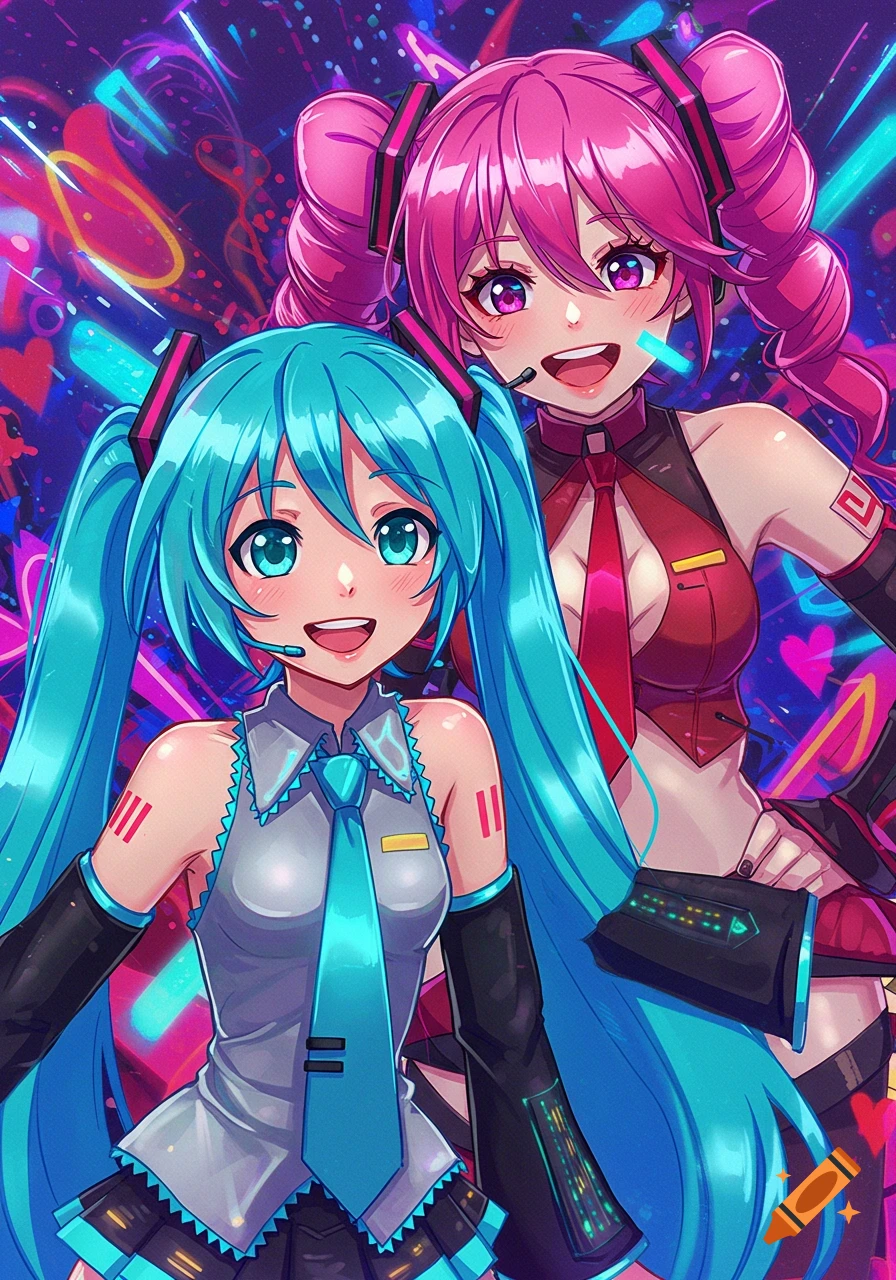 Hatsune Miku and Teto Kasane in anime style, smiling with colorful pigtails, wearing their iconic outfits against a vibrant neon background.