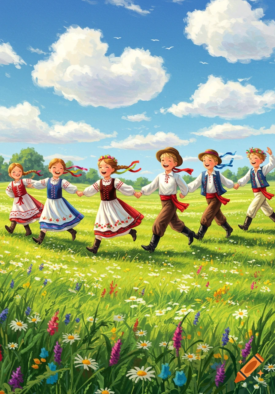 Smiling children in traditional folk costumes run hand-in-hand through a sunny, flowery meadow under a blue sky, illustration.
