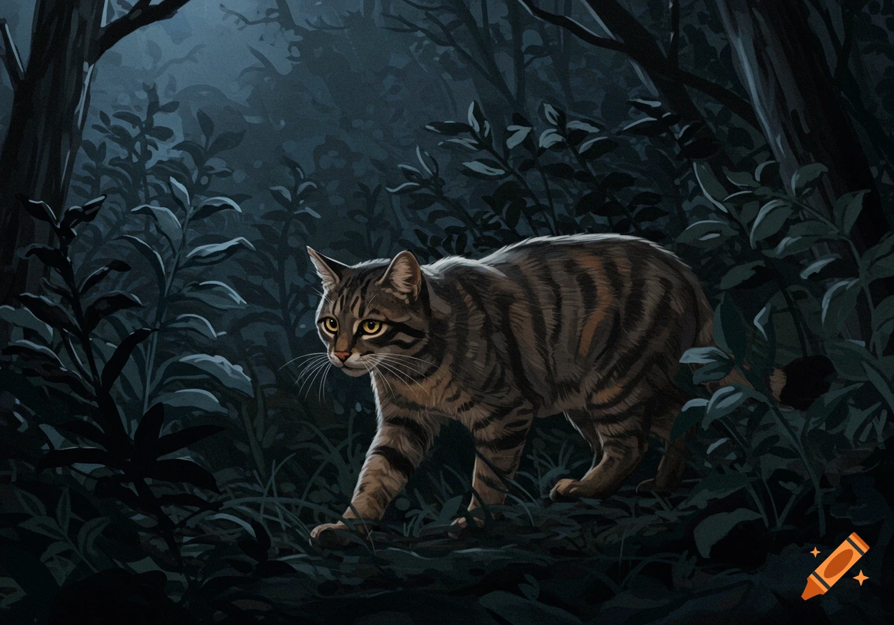 A majestic wild cat with golden eyes prowls through a dark, dense forest at night in an illustrative style.