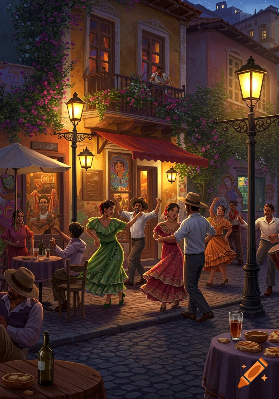 Vibrant street scene at night with people dancing in traditional attire outside a brightly lit cafe, with onlookers on balconies and at tables. Painterly style.