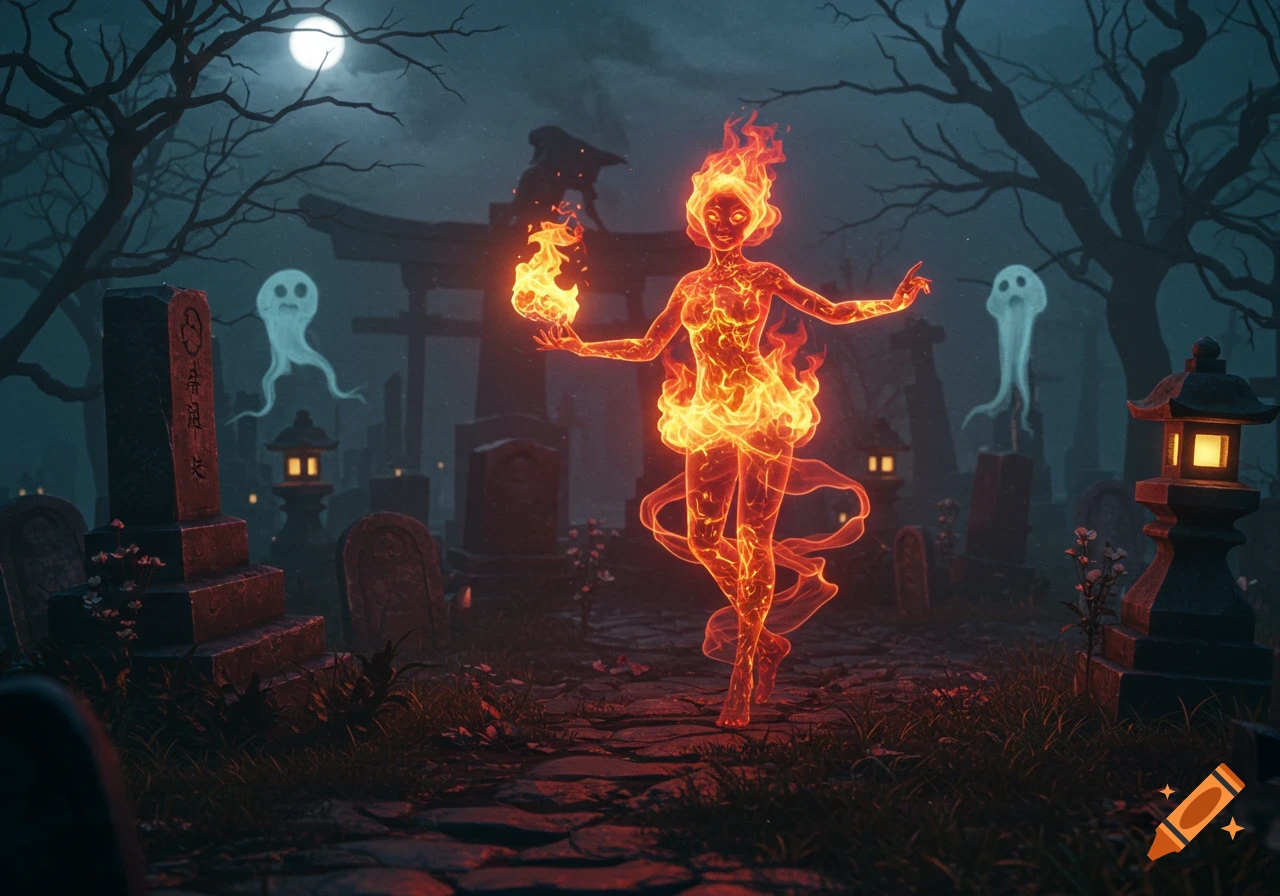A glowing, fiery female spirit stands in a moonlit graveyard with ghosts and lanterns in a dark fantasy art style.