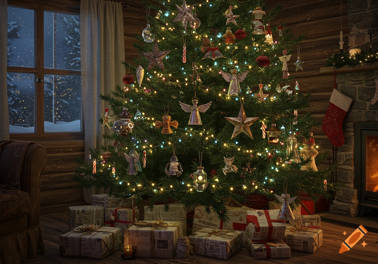 A warmly lit Christmas tree adorned with varied ornaments, surrounded by wrapped presents, in a cozy cabin interior with a snowy window and fireplace.