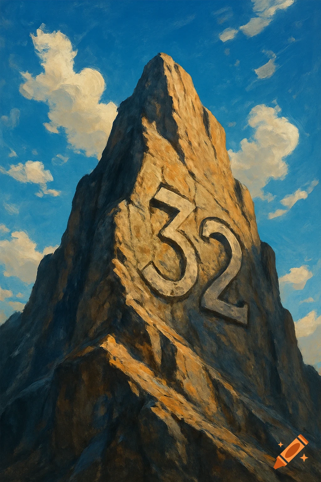 A painted mountain with the number 32 carved into its side, against a blue sky with white clouds.