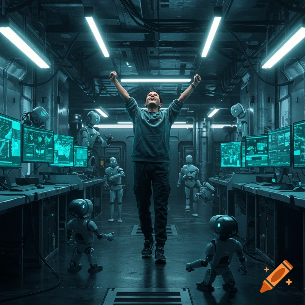 An excited person with arms raised in a futuristic lab, surrounded by glowing computer screens and several small robots.
