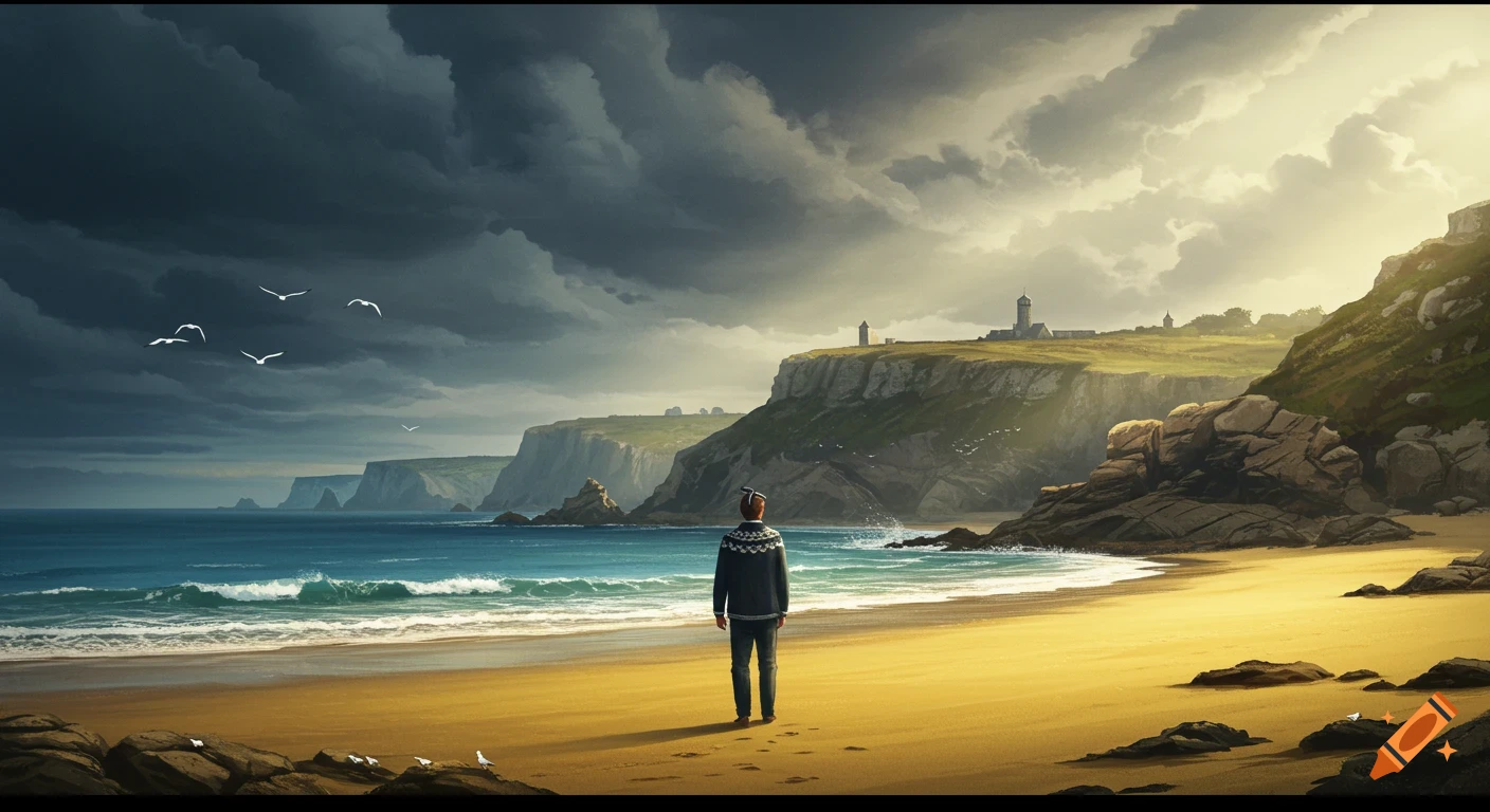 A man in a wool sweater stands on a sandy beach, looking at the ocean waves crashing against the shore and dramatic cliffs under a stormy sky with sunrays.