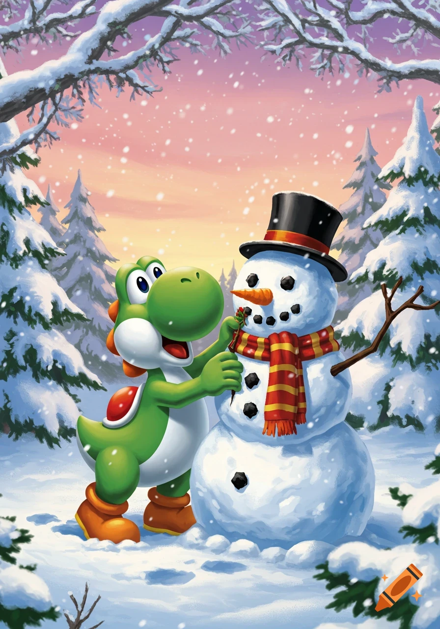Yoshi cheerfully decorates a snowman in a snowy forest scene with falling snow and a warm pink sky, colorful illustration.