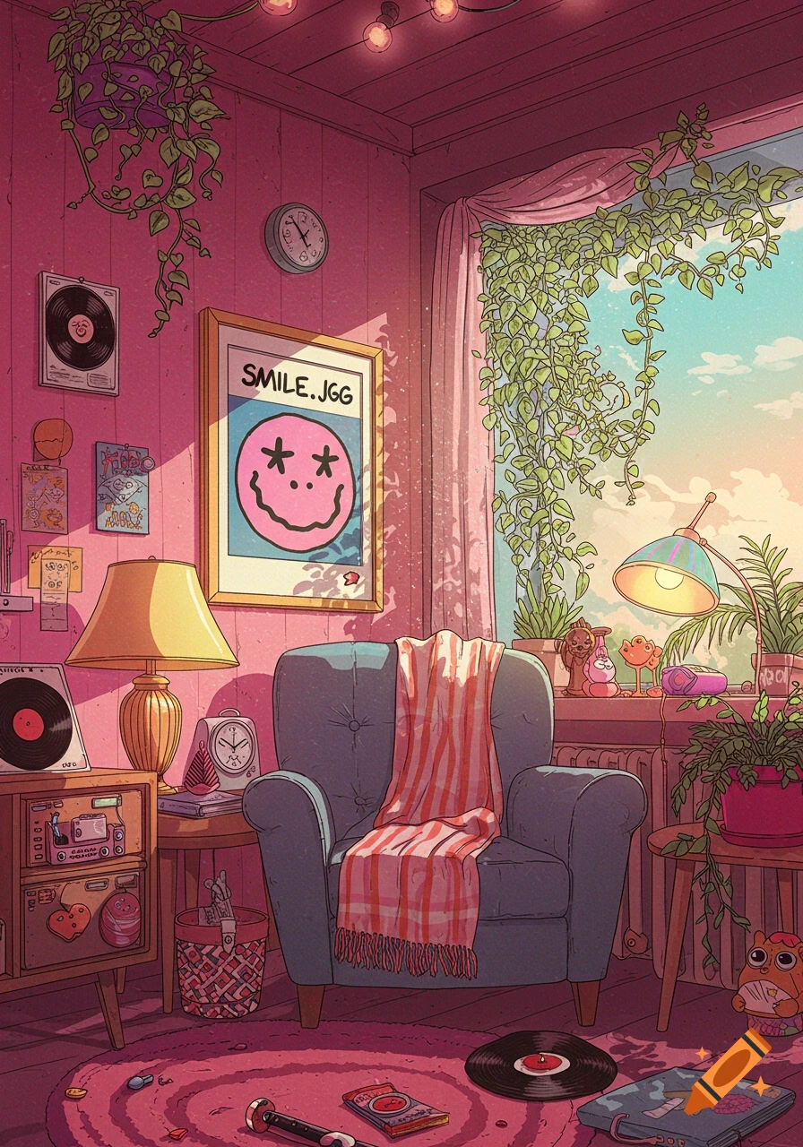 A warm-toned, cartoon illustration of a cozy room with pink walls, a window with climbing vines, a blue armchair with a striped blanket, and scattered records.