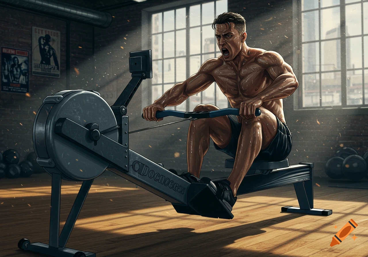 A shirtless muscular man intensely rowing in a gym with sunlight streaming through large windows. Illustrated style.