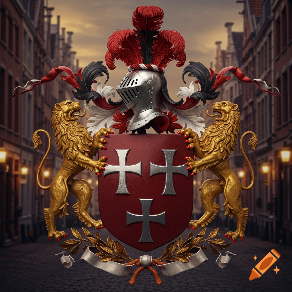 A majestic coat of arms featuring a silver knight's helmet with red feathers, flanked by golden lions, above a red shield with three silver crosses, against a blurred old city street.