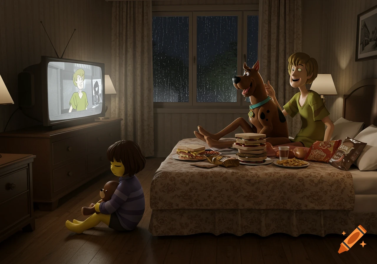 Shaggy and Scooby snack on a bed watching TV as rain falls outside; Frisk sits on the floor with a teddy bear in a dim hotel room.