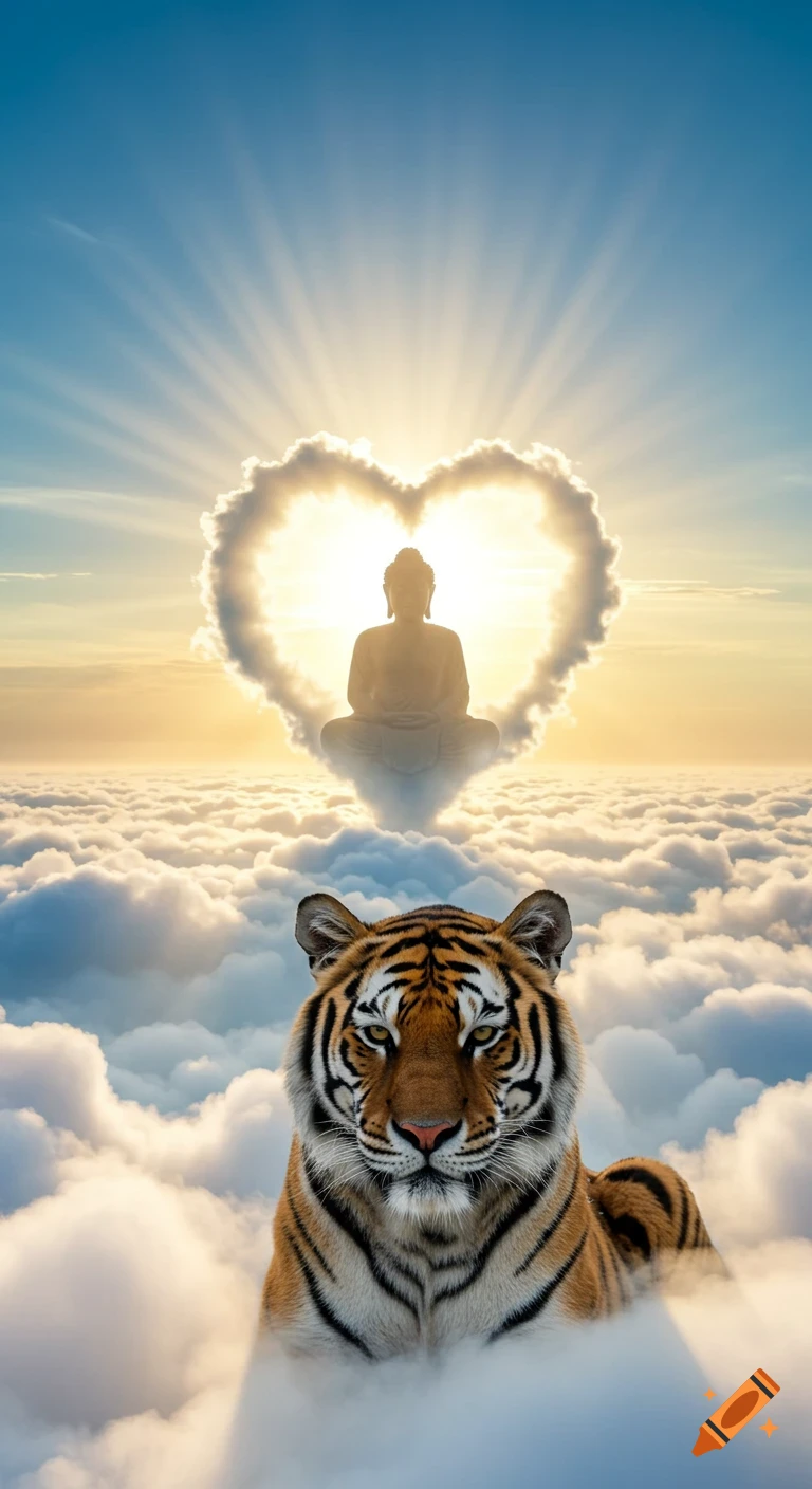 Photorealistic tiger in clouds, below a Buddha statue in a glowing heart-shaped cloud, with golden sun rays.