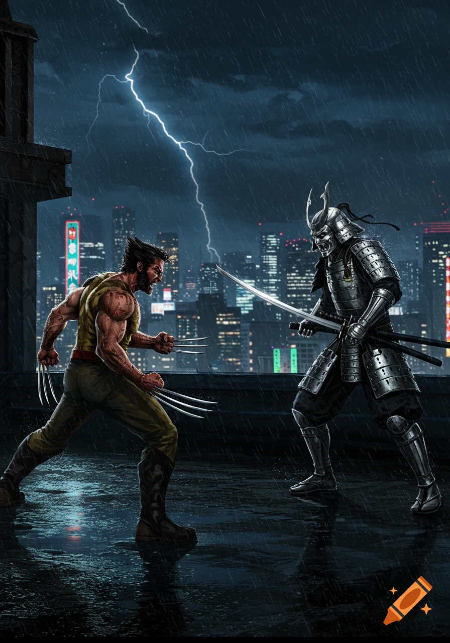 Wolverine with claws extended faces a Silver Samurai holding a katana on a rainy city rooftop at night with lightning in the sky.