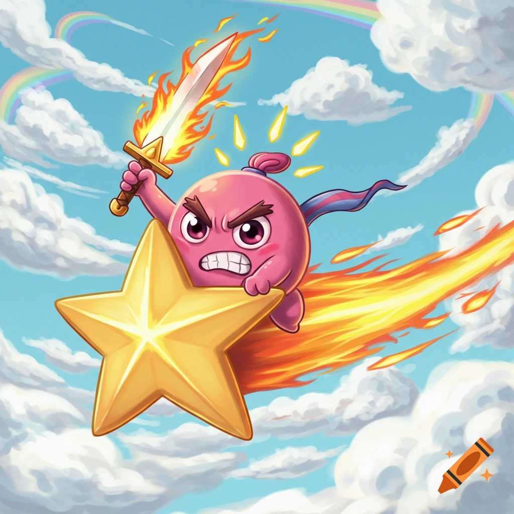 Fierce pink cartoon character with a flaming sword rides a burning star through a cloudy sky with rainbows, fantasy illustration.