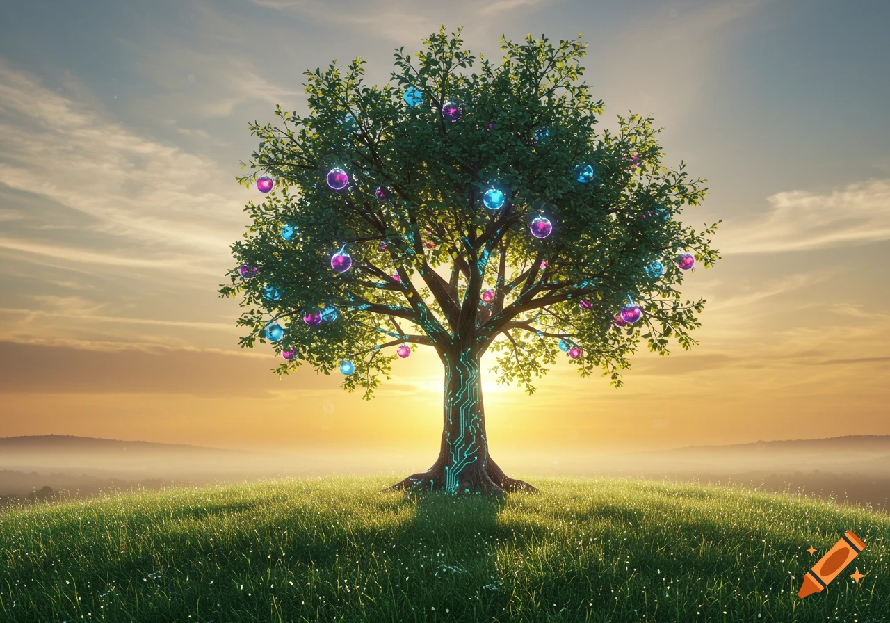 A vibrant 3D illustration of a magical AI learning tree with glowing circuit patterns and colorful orbs on a grassy hill at sunrise.